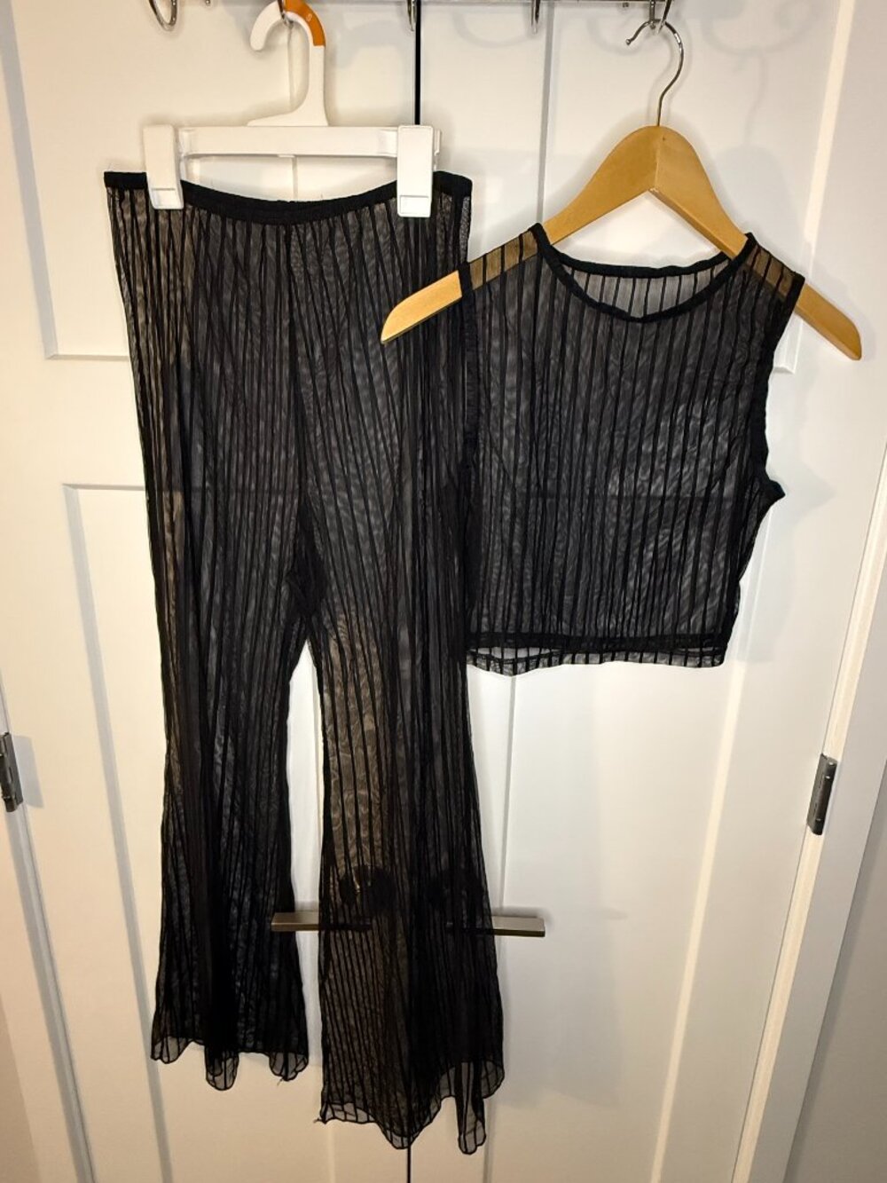 Shein Women's Black Sheer Mesh Striped Swimsuit Cover-Up Tank & Pants Size Small